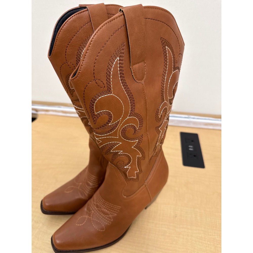 Cognac Brown Western Cowboy Boots Embroidered Pointed Toe Block Heel Size 38